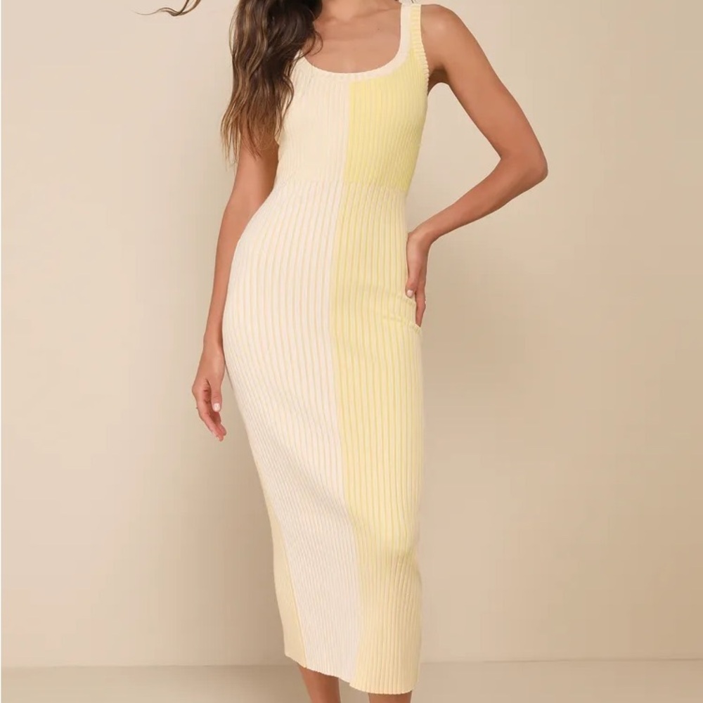 Lulu's Yellow Sheath Midi Dress Sleeveless Scoop Neck Cocktail